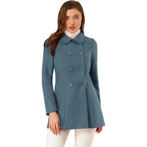 Women's Grey Blue Peter Pan Collar Double Breasted Winter Long Trench Pea Coat